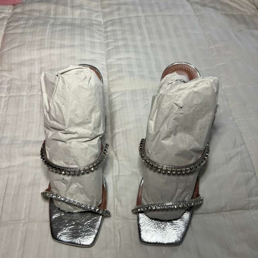 Amina Muaddi Silver Crystal-Embellished Heels